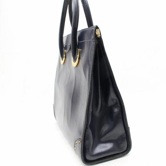 Gucci Navy Blue Leather Horse-bit Top Handle Satchel W Gold Horseshoe Accents - Picture 3 of 11